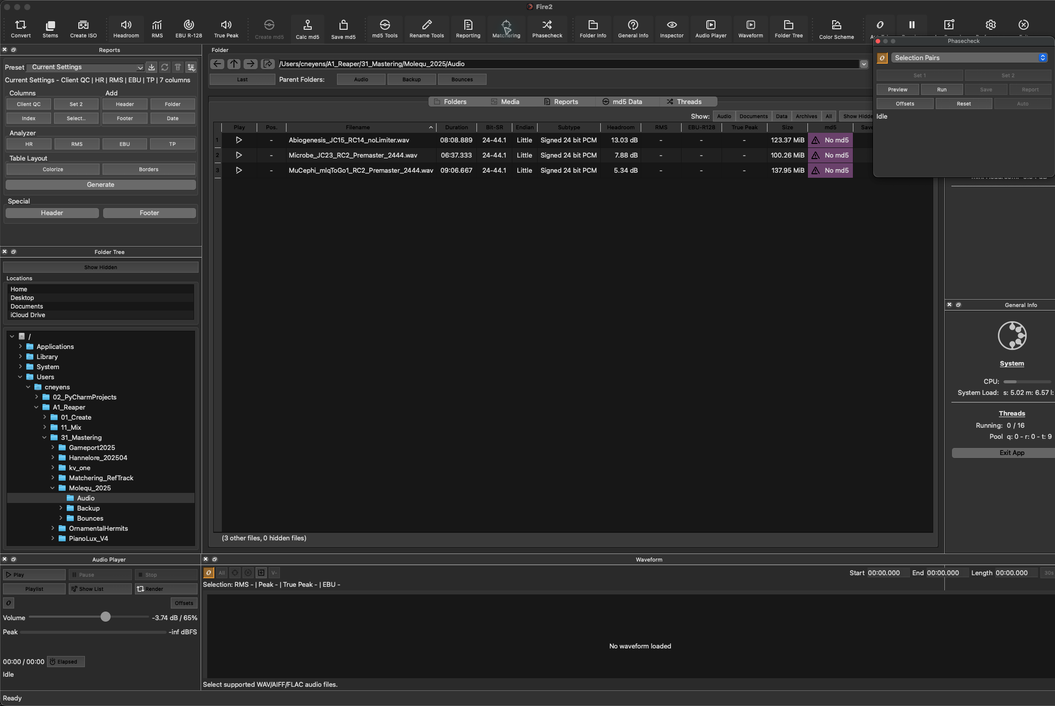 Fire2 modular workspace with reporting, folder tree, player, waveform, and floating Phasecheck window