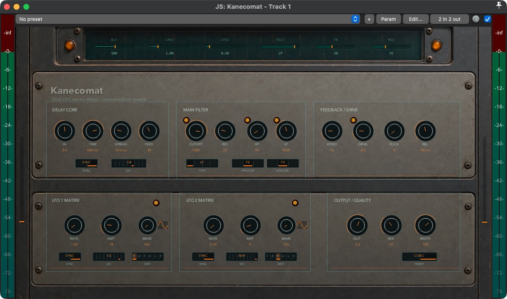 Kanecomat 1.4.3 running as a JSFX in REAPER with stereo delay, filter, feedback, drive, ducking, and two LFO matrices