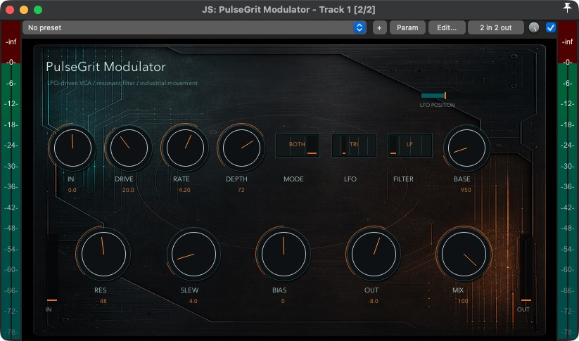 PulseGrit Modulator 1.3.1 running as a JSFX in REAPER with VCA, filter, LFO, and mix controls